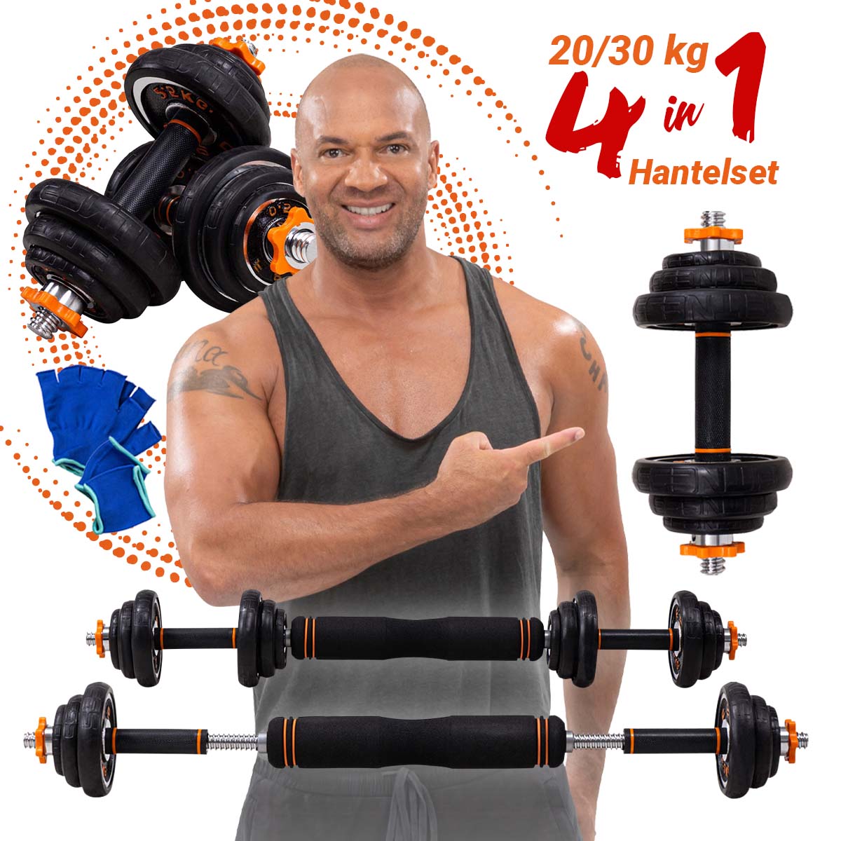 Miweba Sports FED 4in1-Hantelset, Kurzhanteln, Langhantel, Hantelscheiben Stahl, 20/30 kg, Koffer (ohne Kugelhantel-Griffen, 20 Kg schwarz)