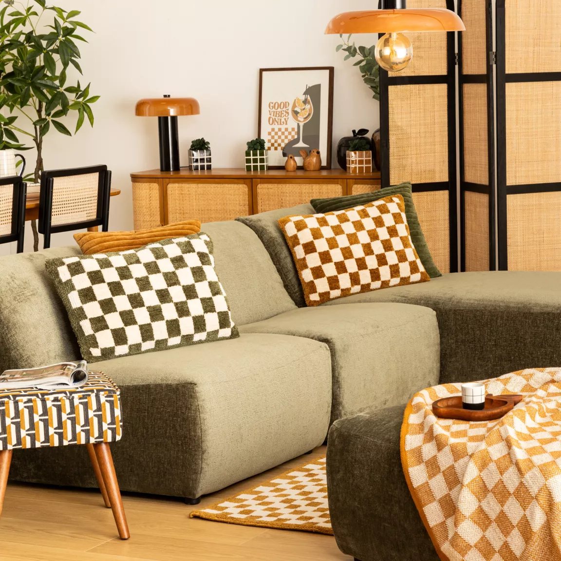 Coussin rectangulaire tufté (38 x 58 cm) Damier Vert kaki