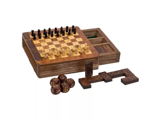 Jeu 3 en 1 (échecs+domino+dés) dans une boîte en bois marron 15,5x16x3h