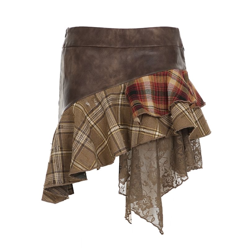 Honey River - Mini A-lijn rok met hoge taille en patchwork ruit