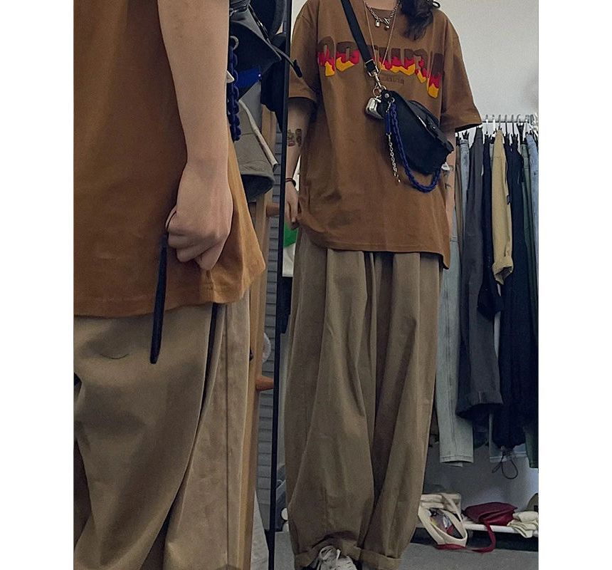 Lingaris - Effen broek met wijde pijpen en trekkoordtaille