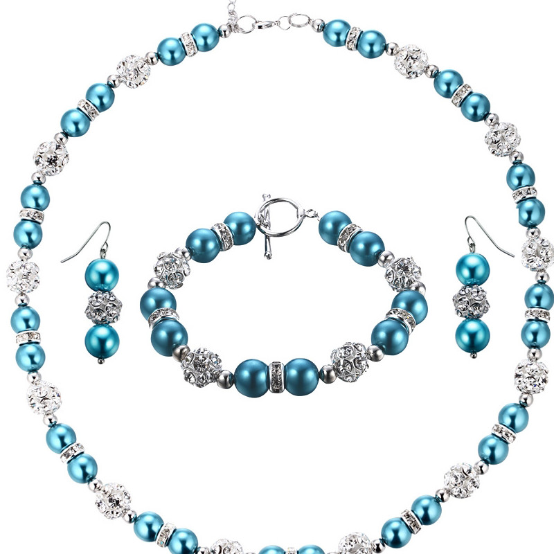 Parure Collier, Bracelet et Boucles d'oreilles Perles Bleues, Cristal et Plaqué Rhodium