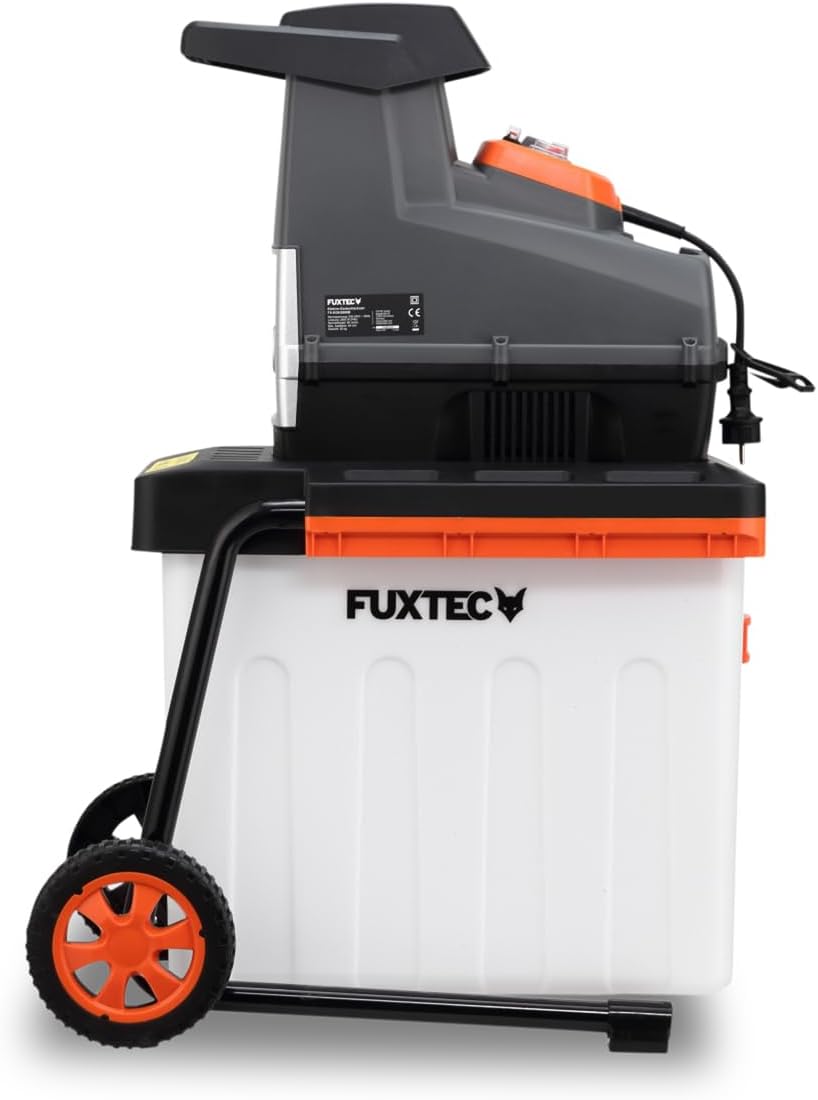 FUXTEC Elektro Gartenhäcksler FX-EGH2800B, Walzenhäcksler mit 2800W Leistung und Rückwärtslauf, zerkleinert Äste bis 44mm Durchmesser, leise & kraftvoll mit 60L Auffangbox und Überlastschutzsystem