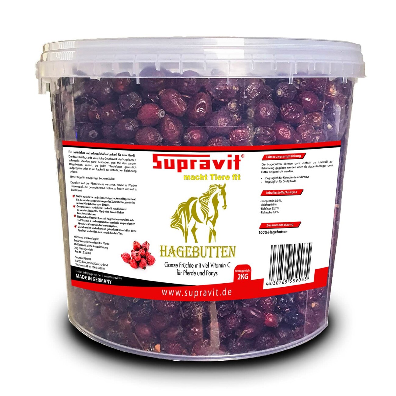 Supravit Hagebutten Pferd | Mit viel Vitamin C für Pferde und Ponys | 2kg Eimer I Ganze getrocknete Früchte - natürliche Pferdeleckerlis ohne Zucker | Erstklassige Qualität
