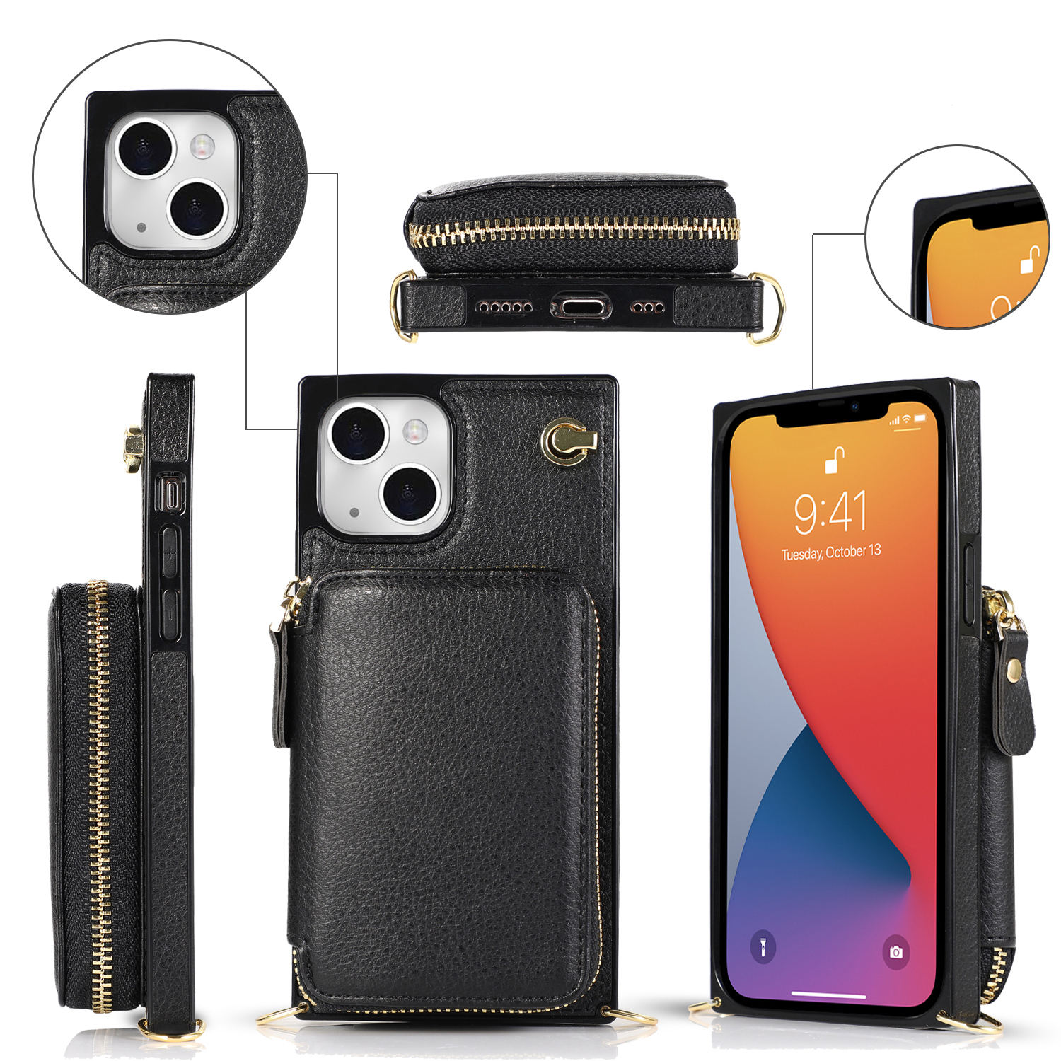 iPhone 13 Necklace Leder Schutz Hülle mit Kartenfächer   Handykette (140cm) - Schwarz