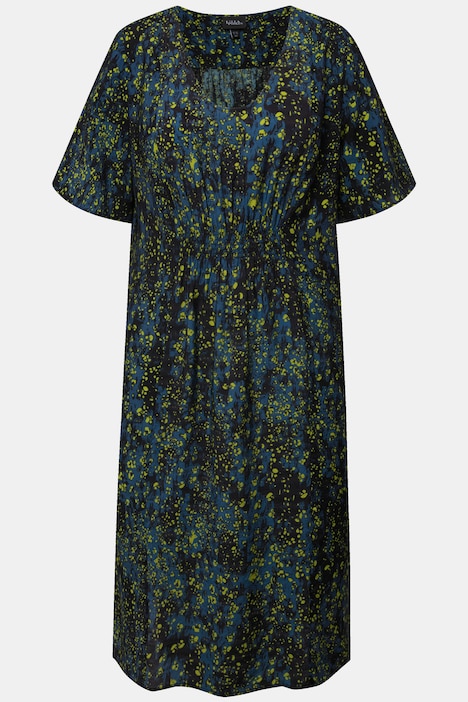 Kleid, Punkte, Smokeinsatz, V-Ausschnitt, Halbarm