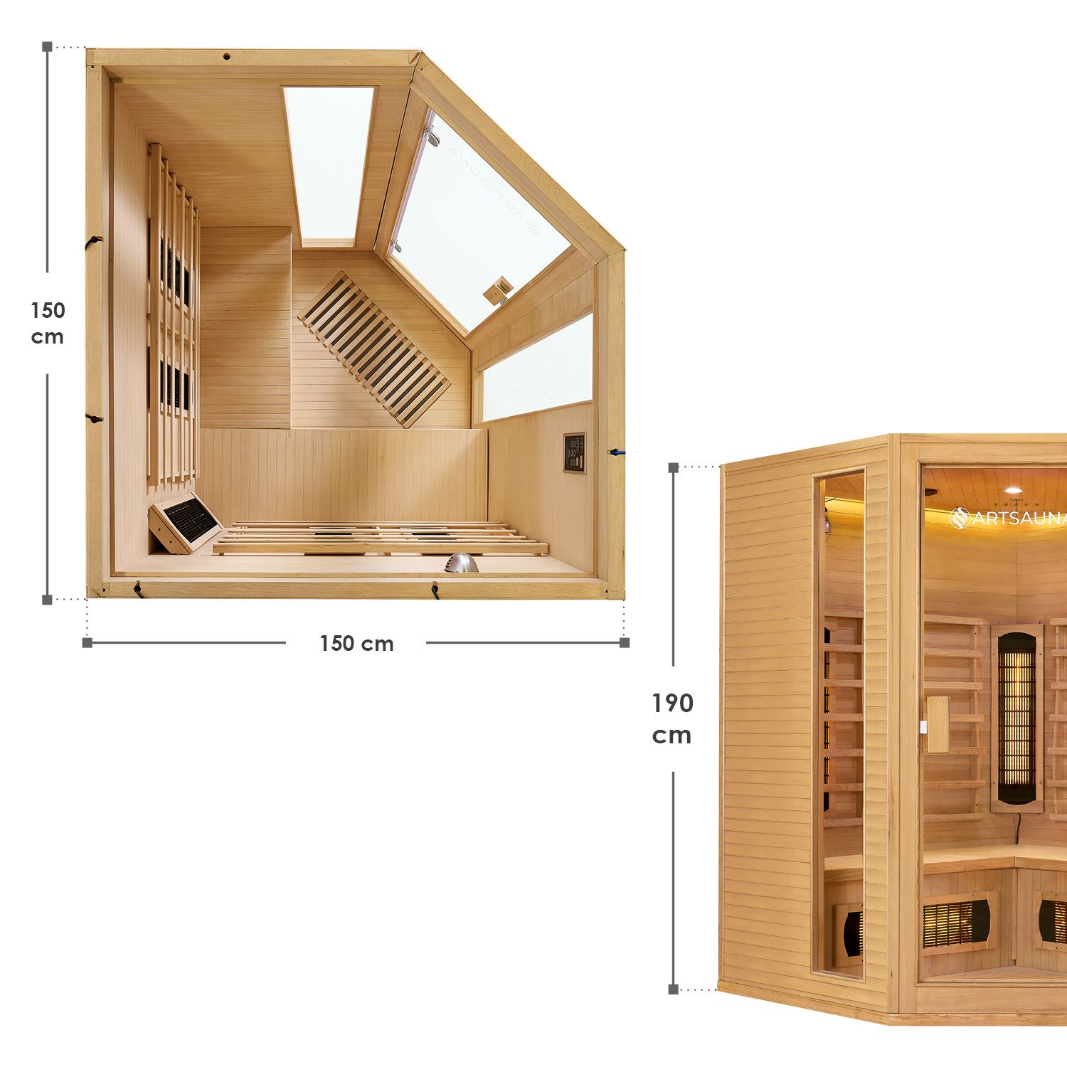 Artsauna Eck Infrarotkabine Nyborg E150V Vollspektrum mit Ambiente Beleuchtung – 4 Personen