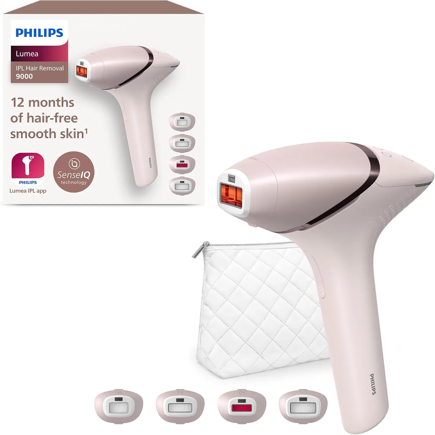 Philips Lumea IPL Haarentfernungsgerät 9000 Series – Haarentfernungsgerät mit SenseIQ Technologie, 4 Aufsätze für Körper, Gesicht, Bikinizone und Achselhöhlen, kabellos (Modell BRI957/00)