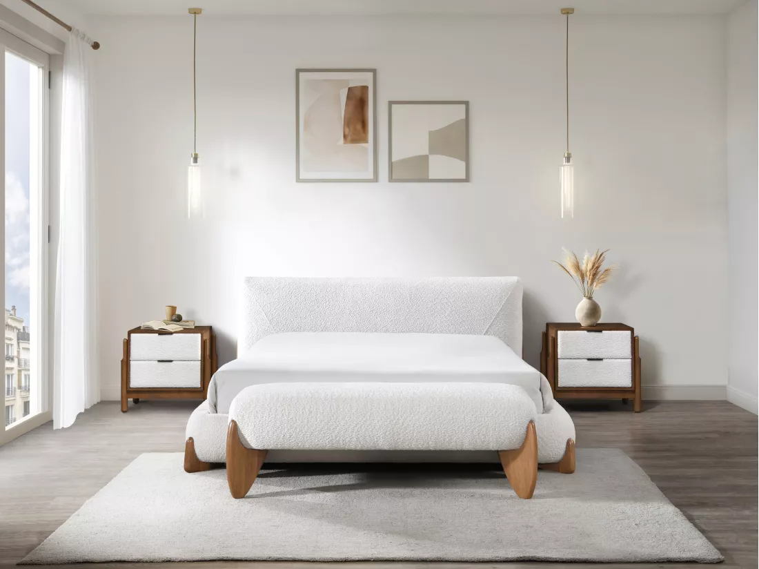 Banc en tissu bouclette - Blanc et naturel - GAMURA