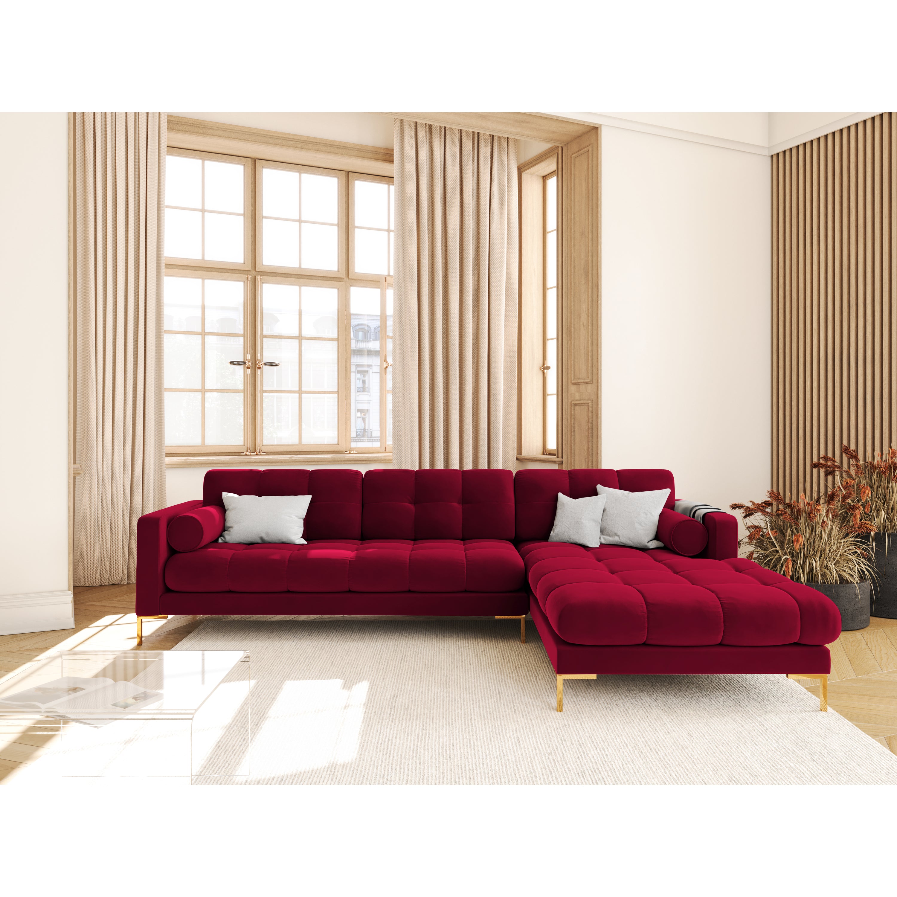 Cosmopolitan Design Bali Hoekbank met Chaise Longue Rechts - Wijnrood / Goud