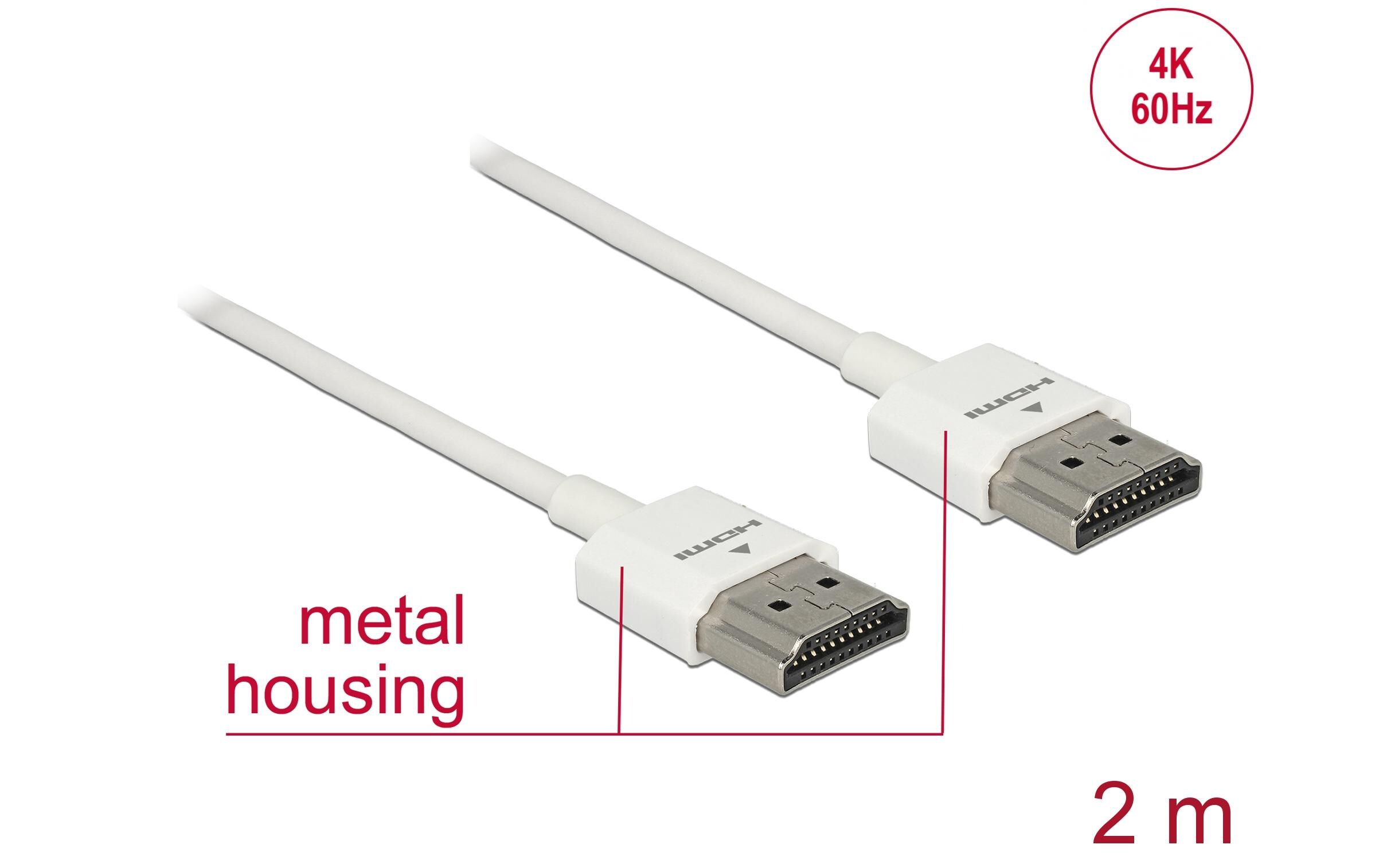 Kabel 4K 60Hz HDMI - HDMI, 2 m, WeissDelock Kabel High Speed HDMI mit Ethernet – HDMI-A Stecker > HDMI-A Stecker 3D 4K 2 m Slim High Quality