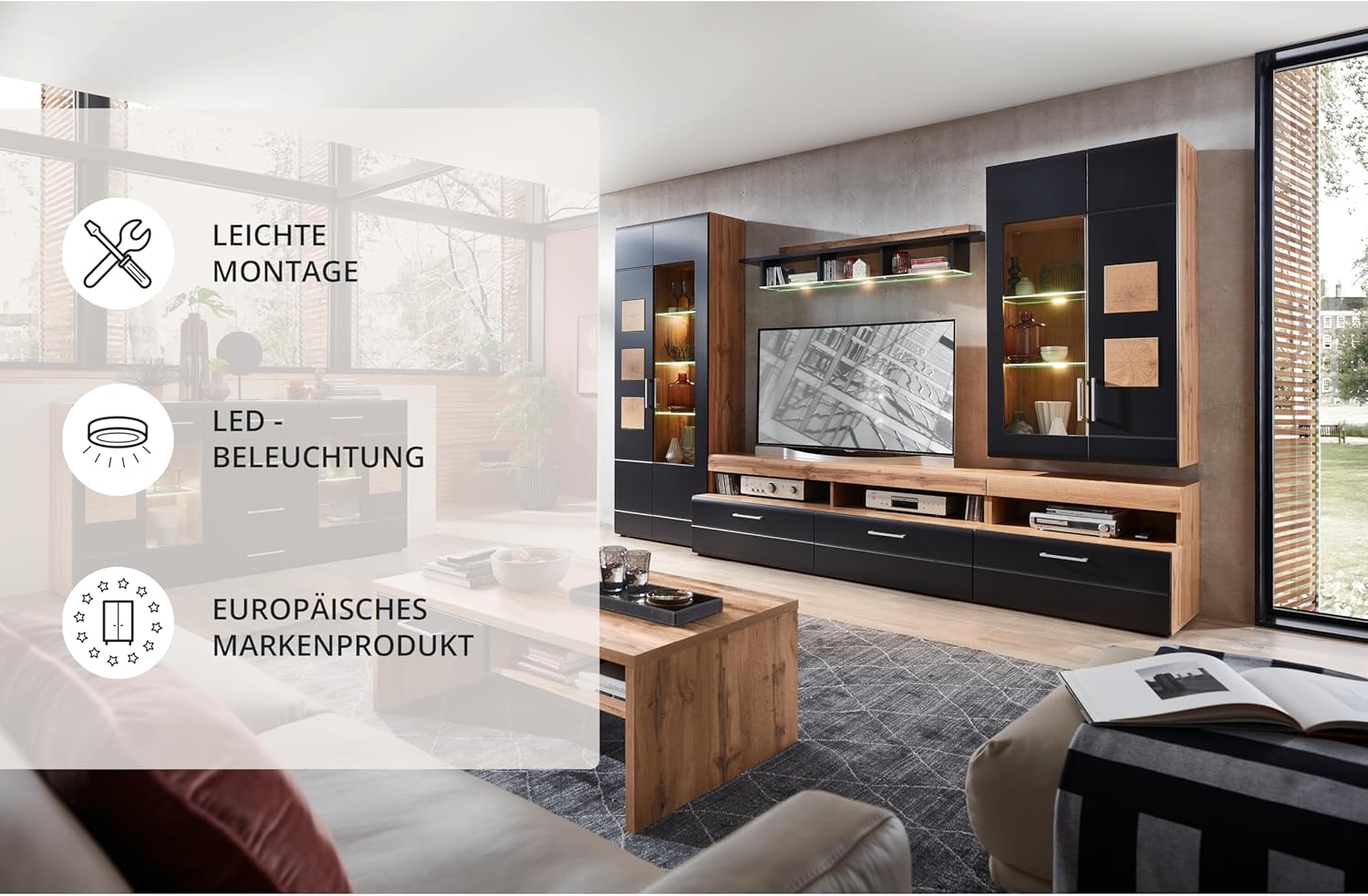 Stella Trading SONATE Wohnwand Komplett-Set in Eiche Altholz Optik, Schwarz - Moderne Schrankwand mit LED-Beleuchtung für Ihr Wohnzimmer - 330 x 208 x 52 cm (B/H/T)