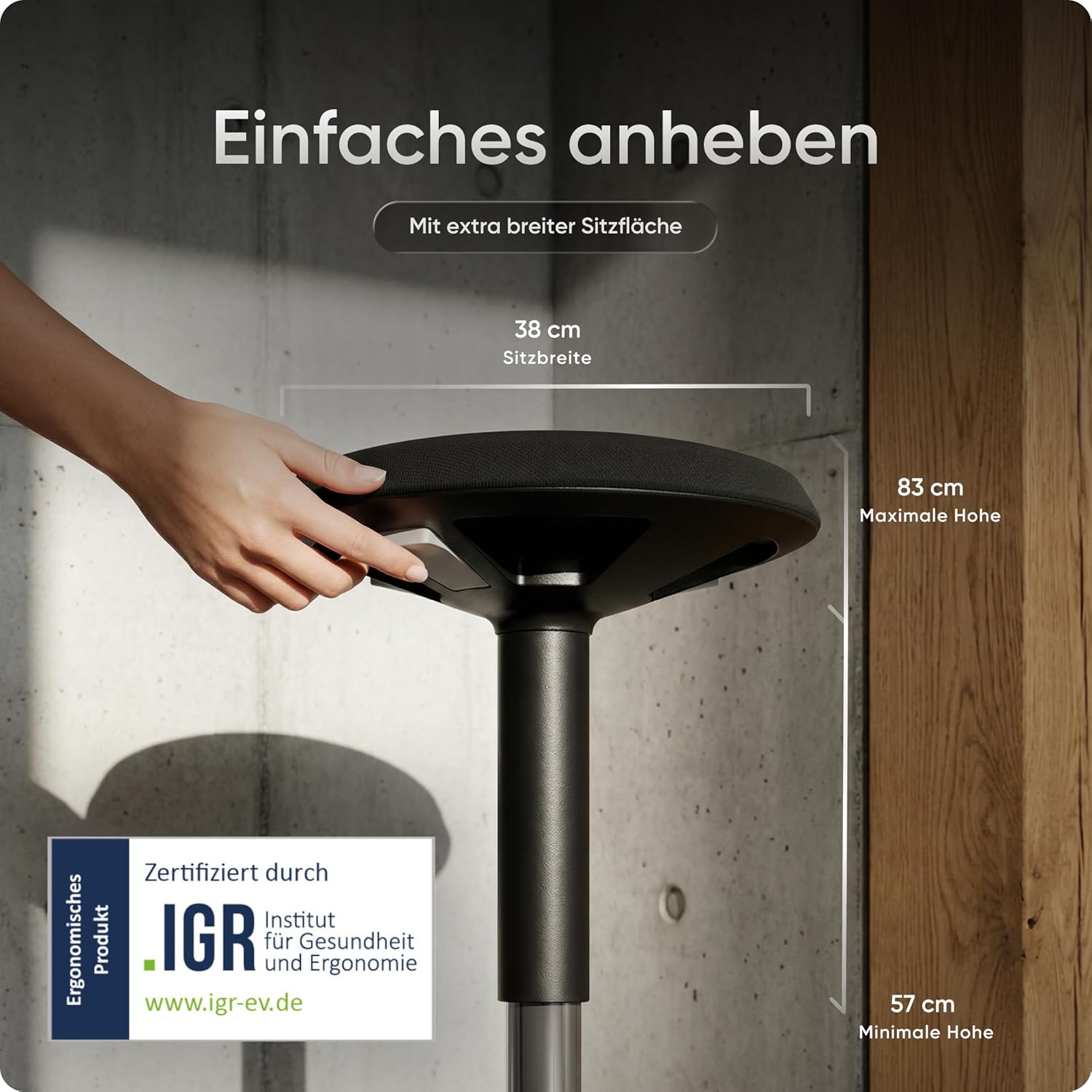 Motion Sitzhocker - Stehhocker höhenverstellbar, ergonomischer Hocker bis 140kg mit CushCloud-Polsterung, Gasfeder & 3D-Sitzmechanik, Bürohocker ergonomisch, Wackelhocker Stehstuhl (Schwarz)