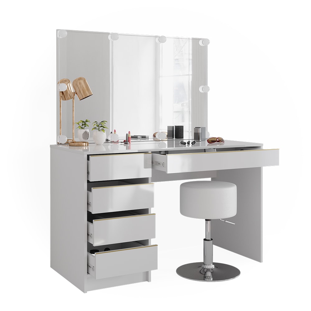 Vicco Schminktisch Sherry Weiß Hochglanz Gold 120 x 75 cm 5 Schubladen Spiegel Hocker LED