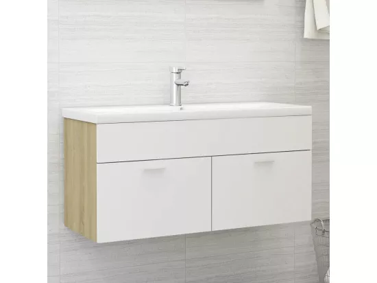 Armoire d'évier et lavabo intégré Blanc/chêne sonoma Aggloméré