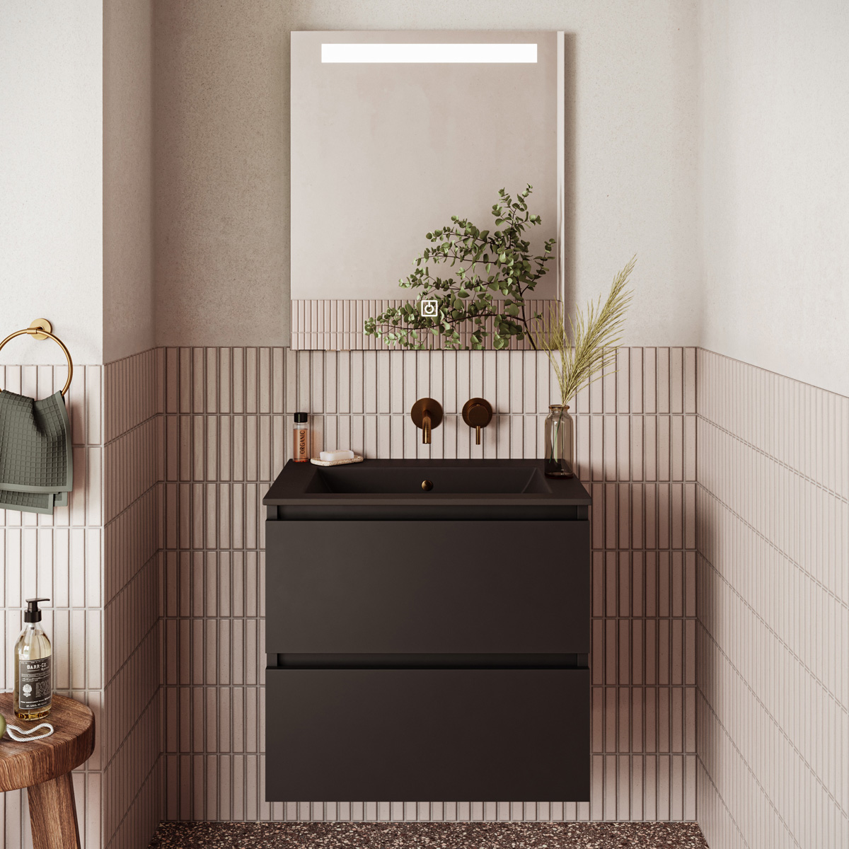 Fontana Rovigo badmeubel 60cm zwart mat met zwarte wastafel zonder kraangat en spiegel met verlichting