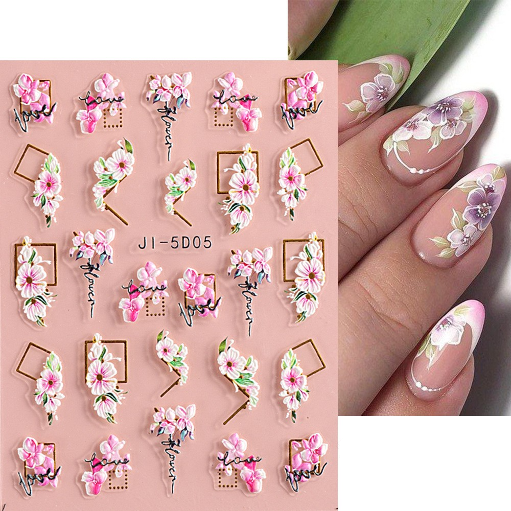 (26-tlg. Set) 5D Nagel Sticker Nail Art Tattoo Selbstklebende Blumen Aufkleber - Rosa / Weiss