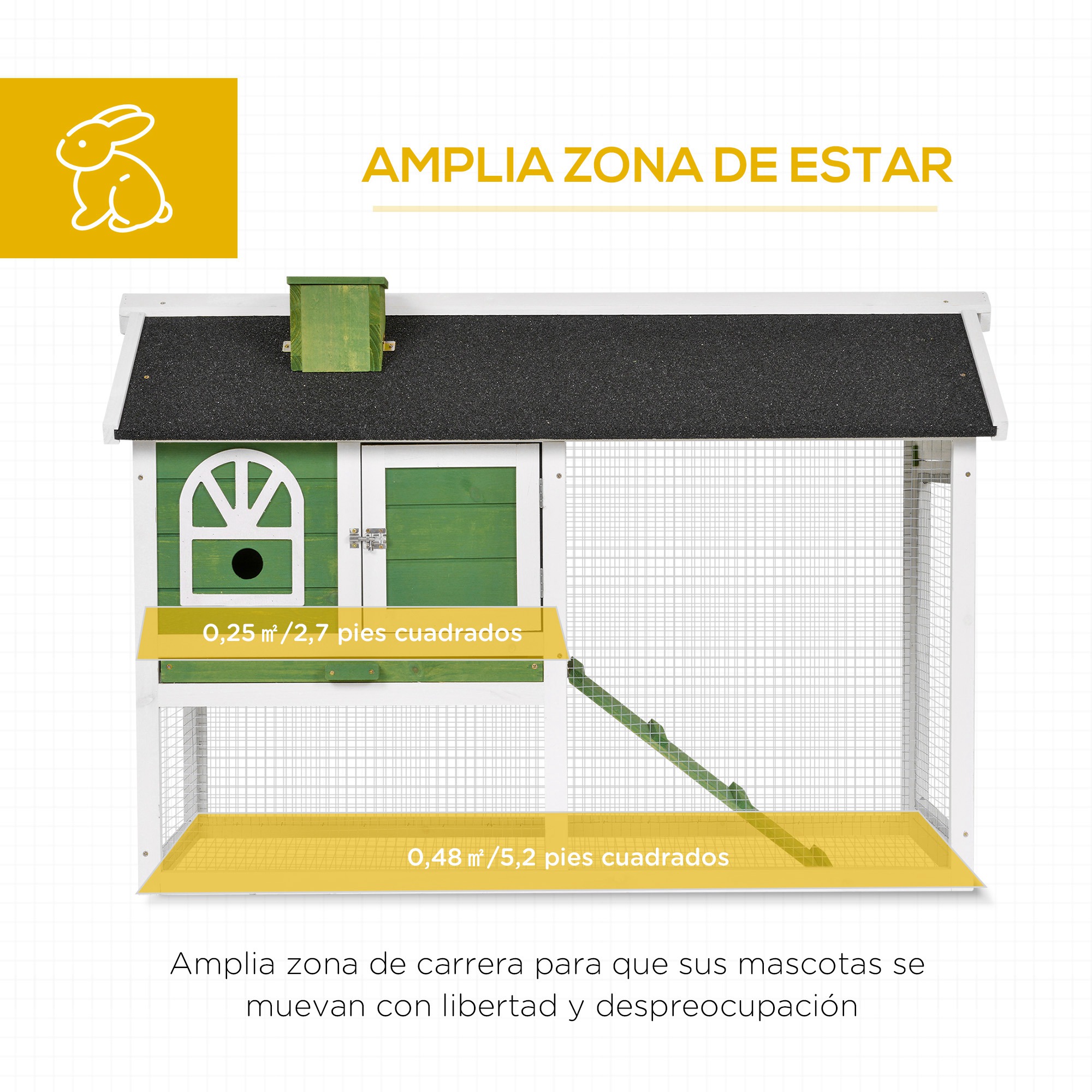 Gaiola de madeira PawHut para coelhos, 120x60x79 cm, grande, com telhado de asfalto, bandeja removível, escada e chaminé para uso externo, verde.