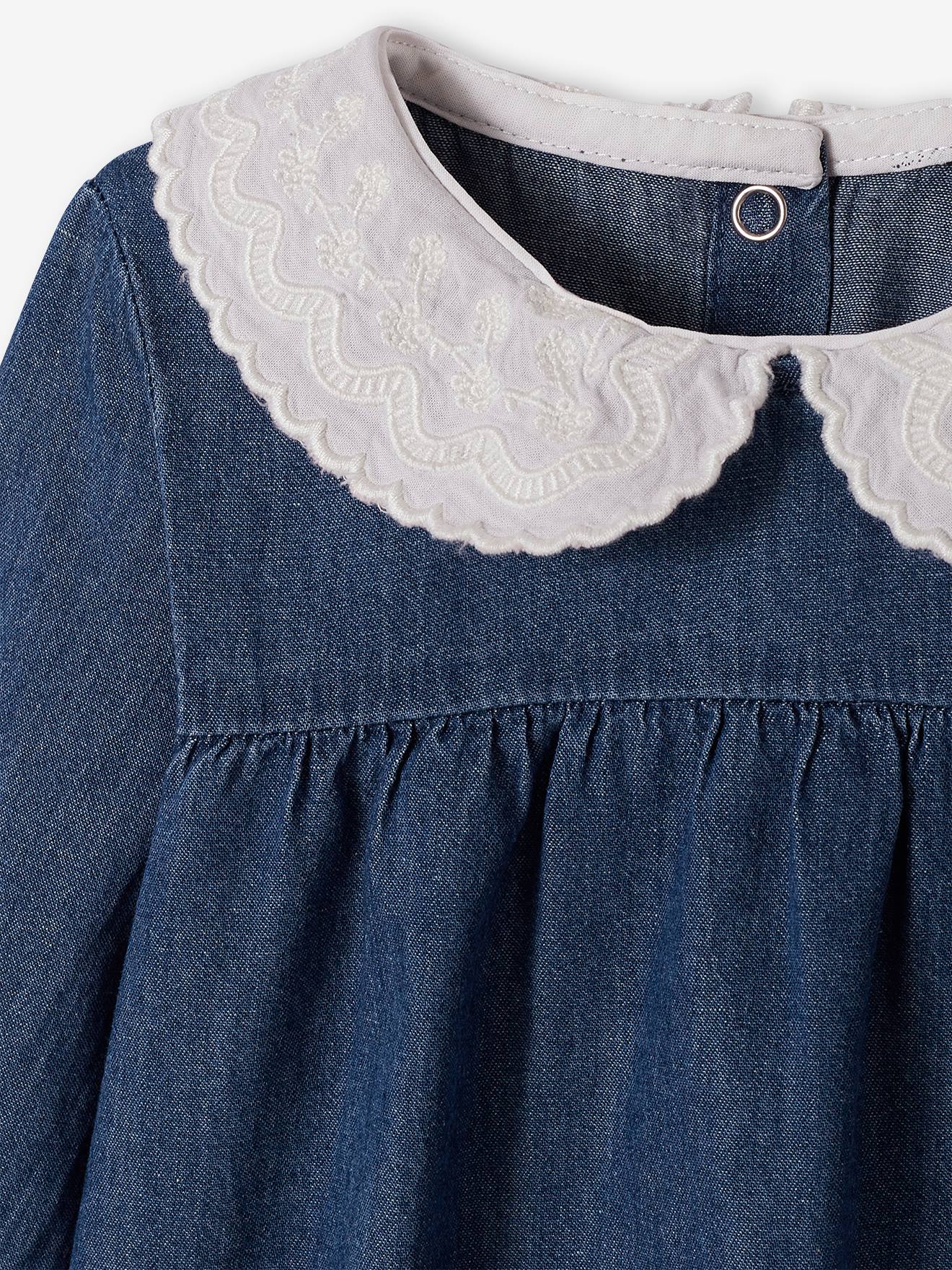 Vestido jeans com gola de chiffon bordada para bebê pedra
