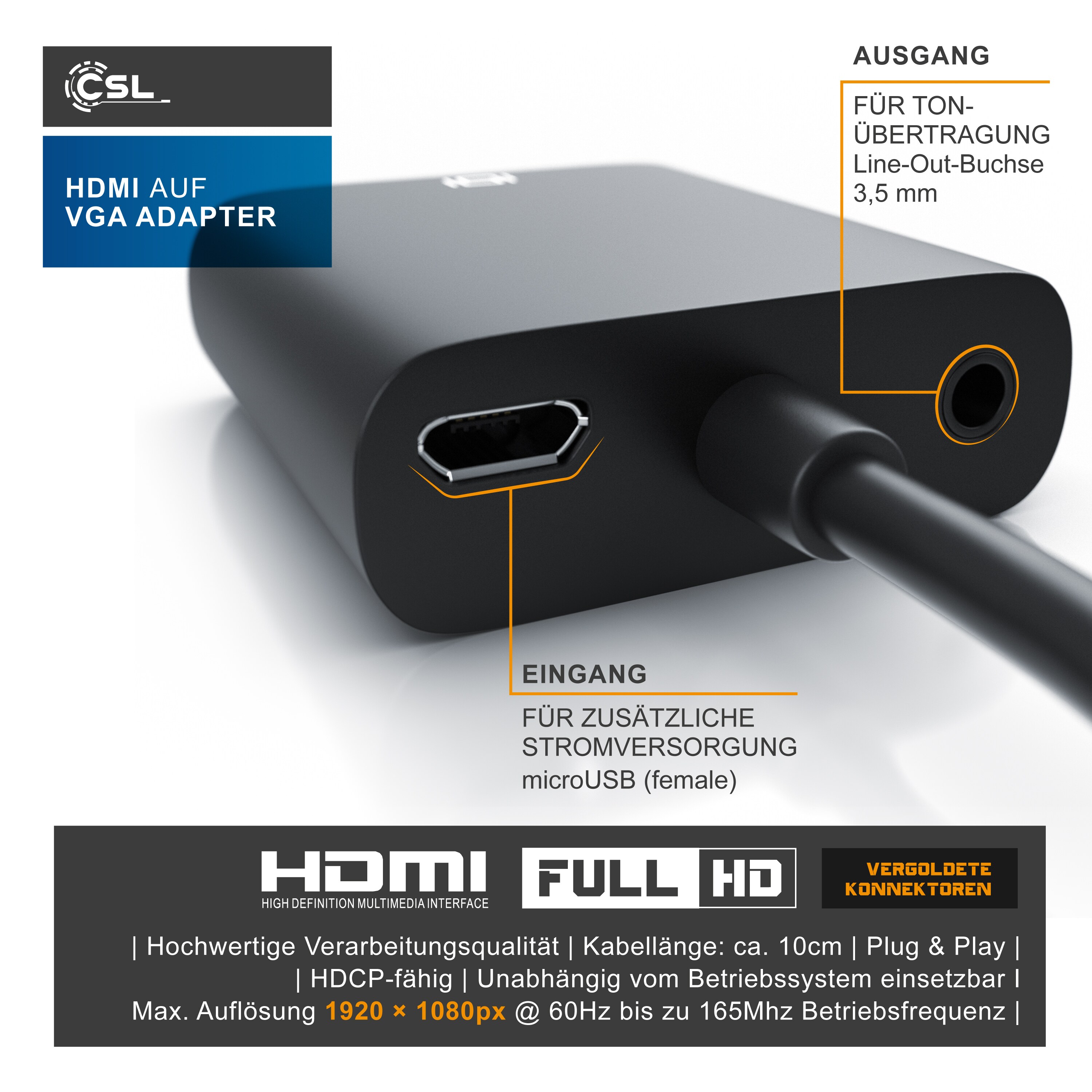 CSL HDMI auf VGA, 3,5-mm-Klinke Audio- & Video-Adapter, 10 cm, Konverterkabel 1080p, digital zu analog