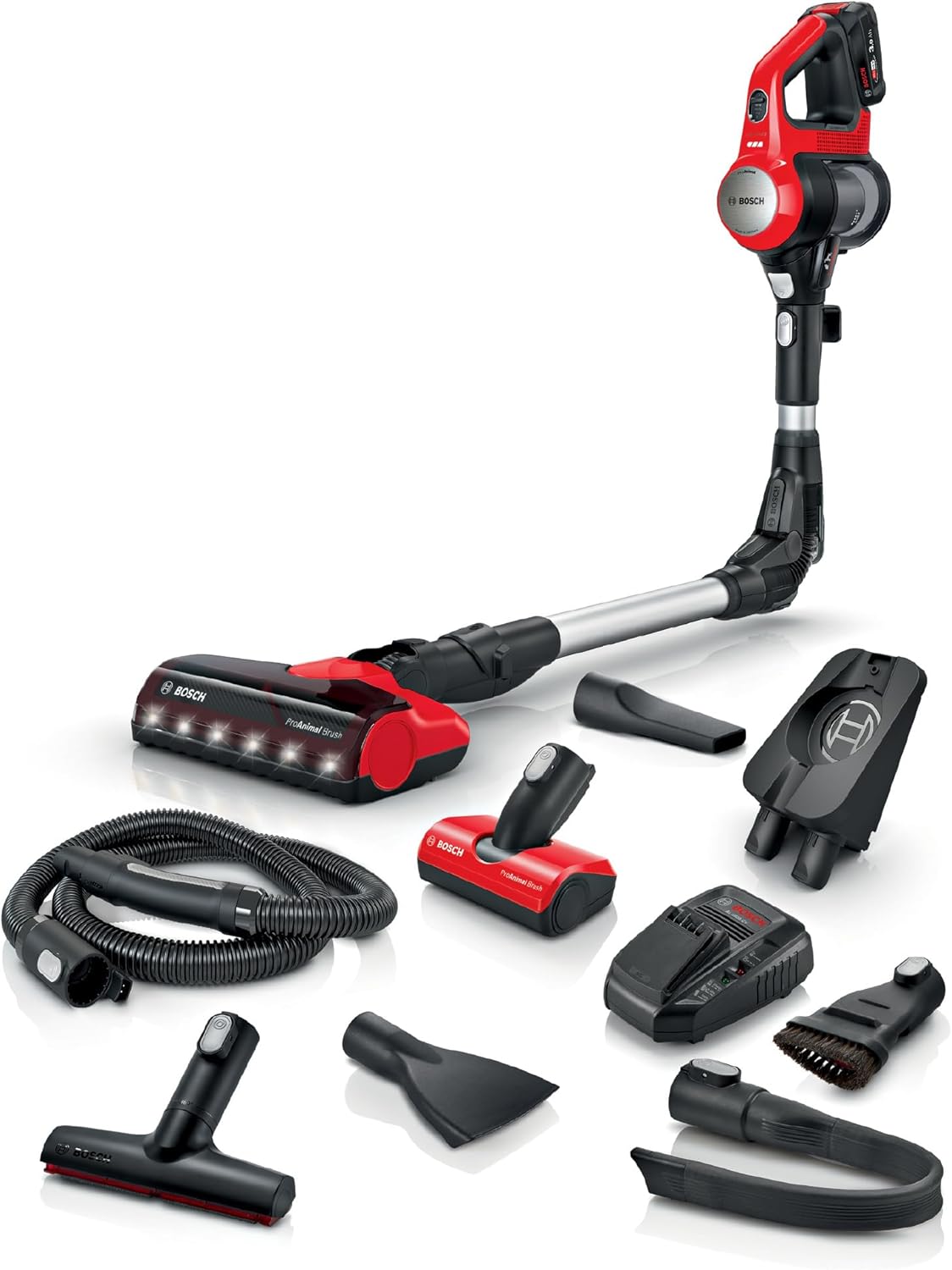 Bosch Akku-Staubsauger Unlimited 7 ProAnimal BKS711PET, kabelloser Tierhaar-Staubsauger, beutellos, Knickrohr, Hygiene-Filter, 10 Jahre Motorgarantie, XXL-Polsterdüse, LED-Beleuchtung, Turbostufe, rot
