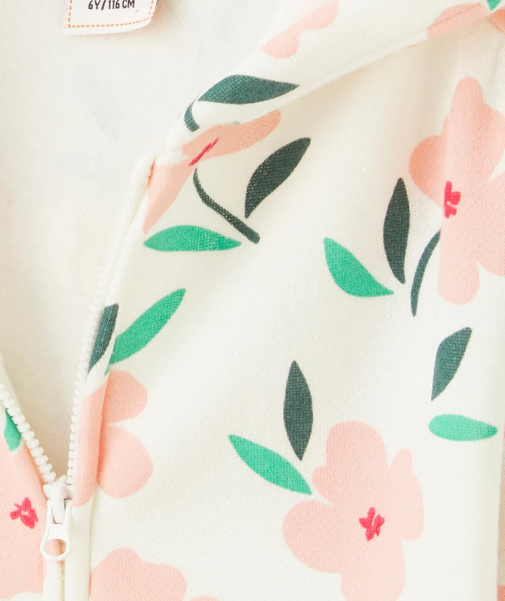GILET FILLE À CAPUCHE EN FIBRES RECYCLÉES BLANC ÉCRU IMPRIMÉ FLEURI