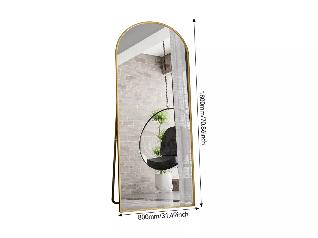 Miroir pleine longueur 180 x 80 cm, sur pied, suspendu ou appuyé, grand miroir de sol avec cadre en alliage d'aluminium doré pour salon ou chambre à coucher, Arc