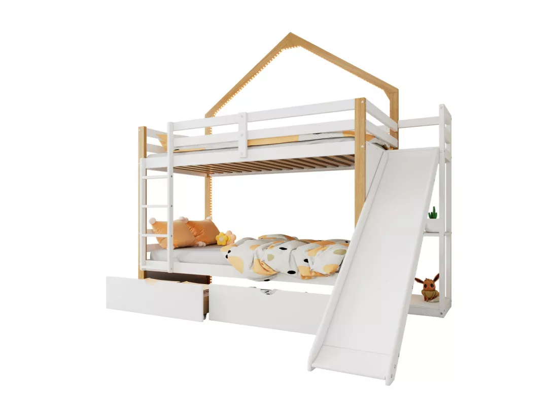 Lits superposés 2 x 90 x 200 cm - 2 tiroirs - avec LED - toboggan - Pin + MDF - Blanc + nature