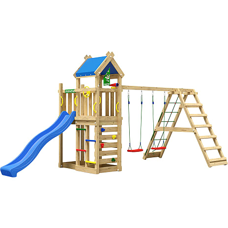 Jungle Gym Nomad med klatrestativ og blå rutsjebane