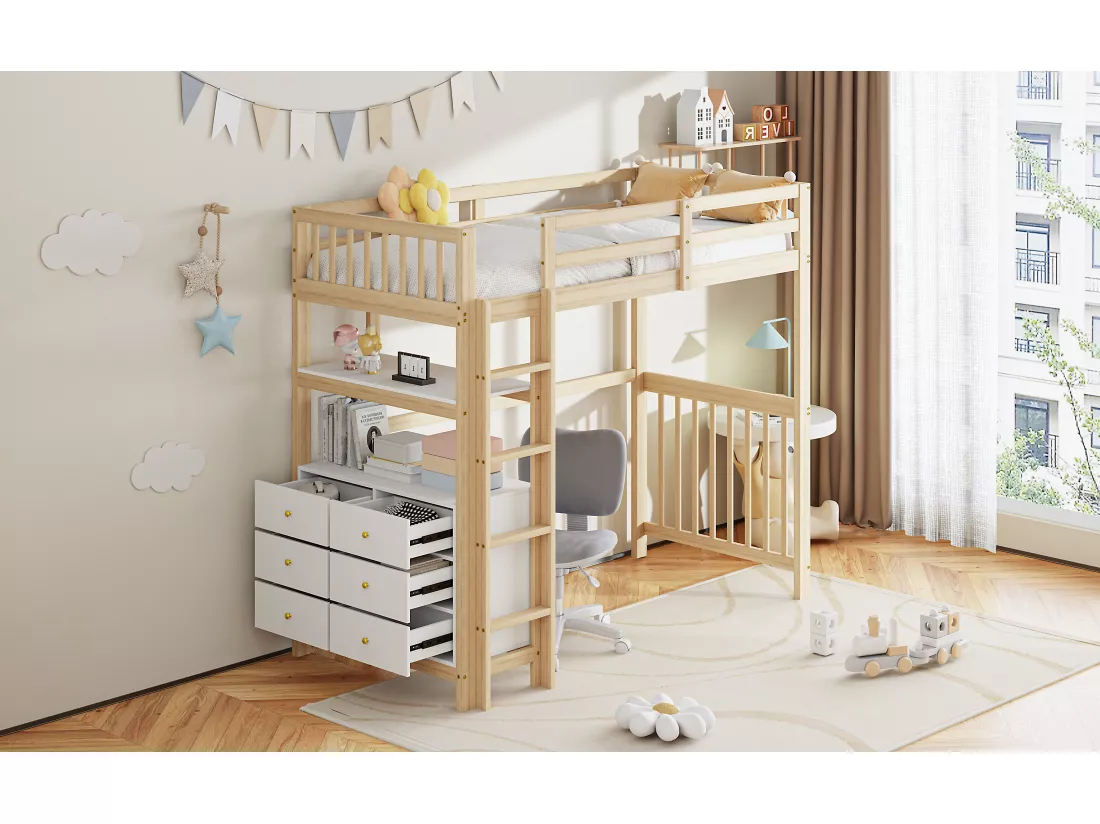 Lit mezzanine 90 x 200 cm avec avec bureau, étagère & 6 tiroirs - bois de pin et MDF - blanc et naturel (sans matelas)