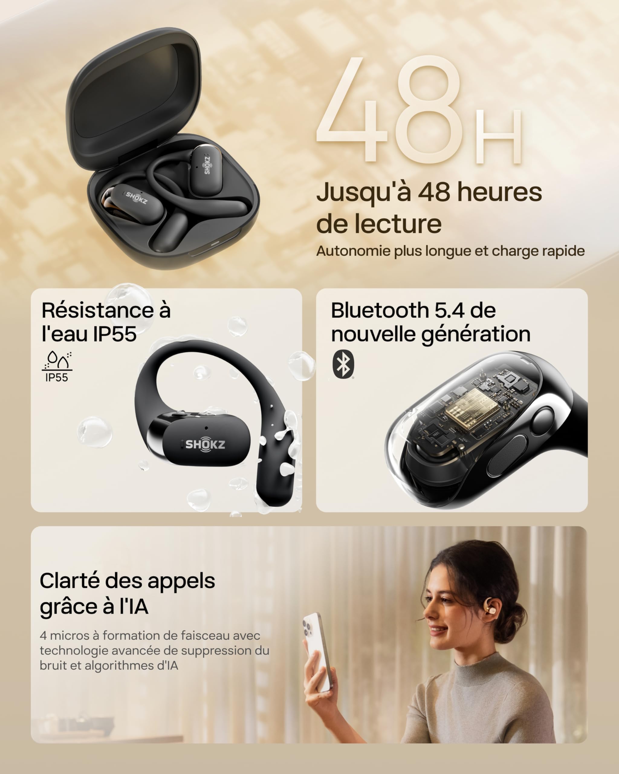 SHOKZ OpenFit 2 Casque à Oreilles Libres, écouteurs Bluetooth sans Fil avec Micro, écouteurs avec Crochet d’oreille et 48 Heures de Lecture, Charge Rapide, résistance IP55, Sac de Transport, Noir