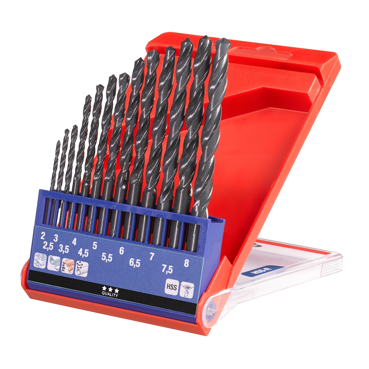 HSS-borsett, 2-8 mm, i kasse, 13 deler