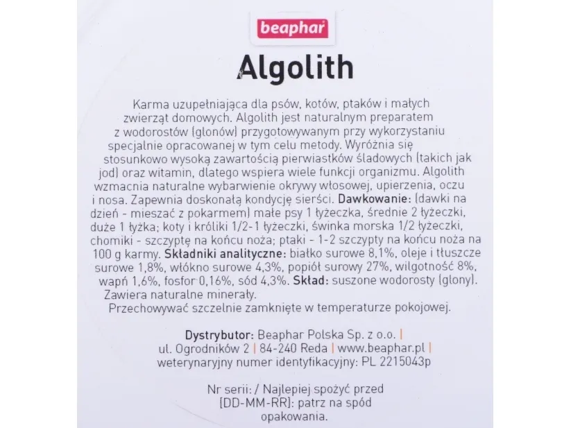 Beaphar Algolith, Kat (dyr)/hund, Pulver, Generelt sundhed, Kalium, Kalcium, Magnesium, Phosphorus, Natrium, Pot, 500 g