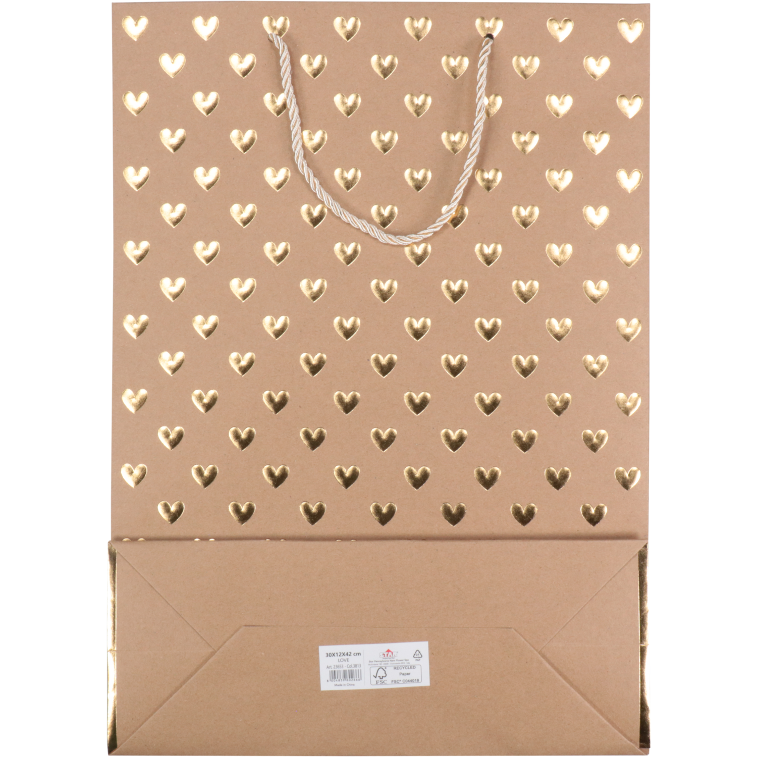 Tas, Love, Papier, 30x 12x42cm, draagtas, bruin/goud