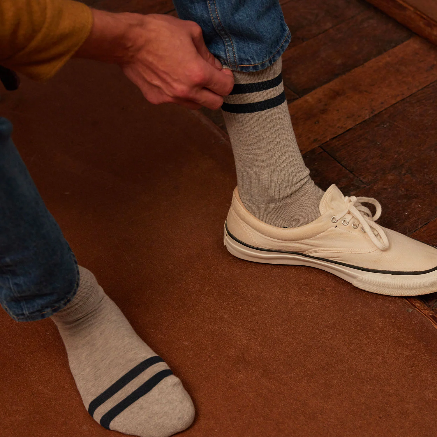 Gray and navy striped socks