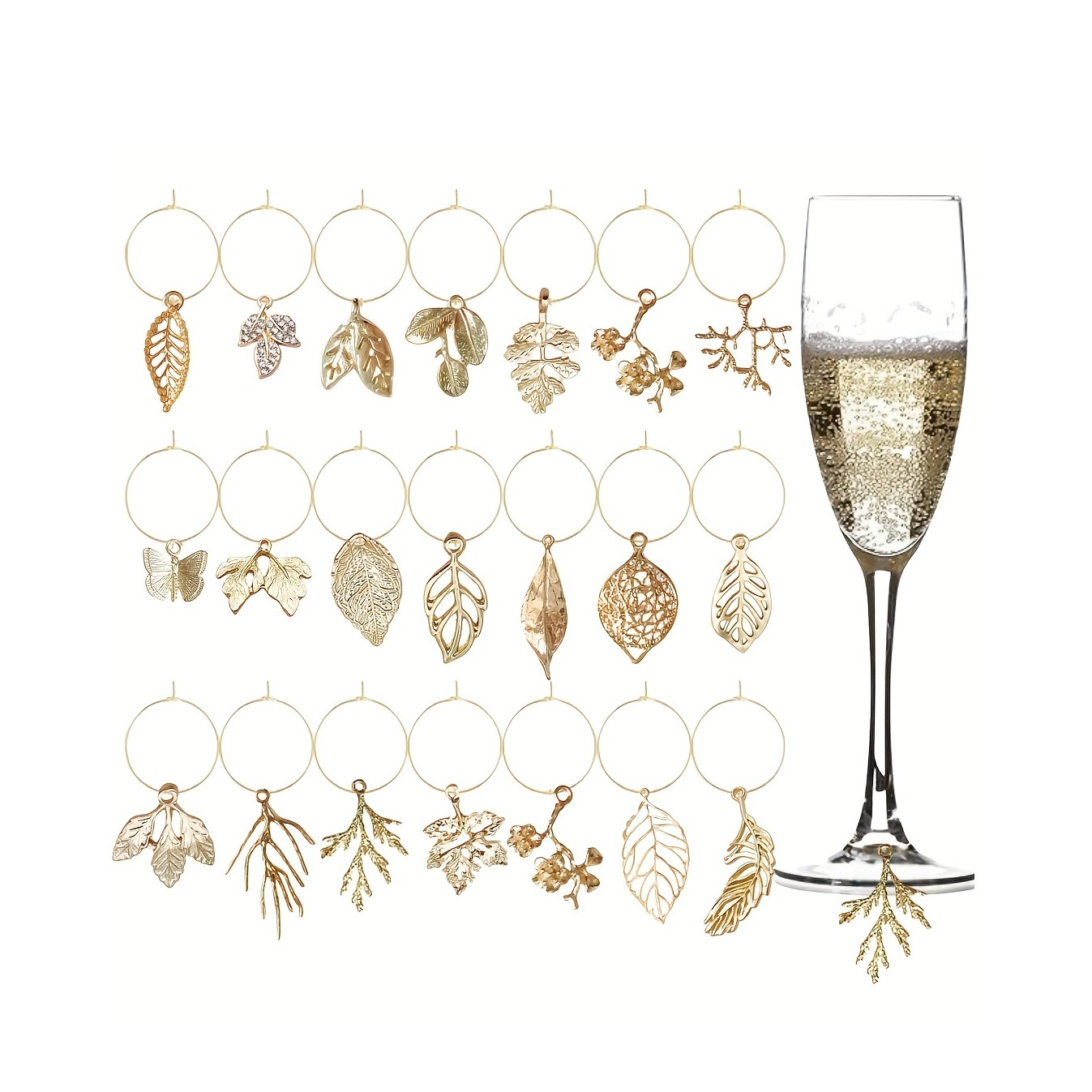 (20er Set) Glas Markierer Wiederverwendbare Trinkglas Blätter Charms Markierungs Anhänger inkl. Aufbewahrungs Beutel - Gold