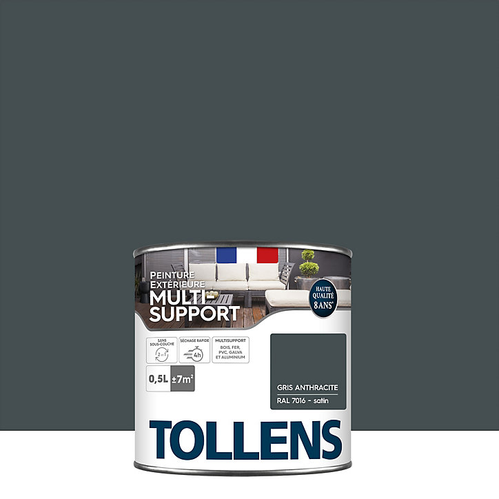 Peinture extérieure multi-supports Tollens satin gris anthracite 500ml