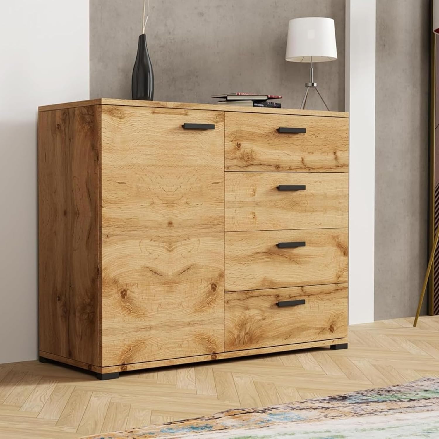 Brent - Kommode mit 4 Schubladen und 1 Turen 100 cm Breit Brixton, Sideboard für Wohnzimmer oder Schlafzimmer, Komodenschrank, Kommode Wotan Eiche