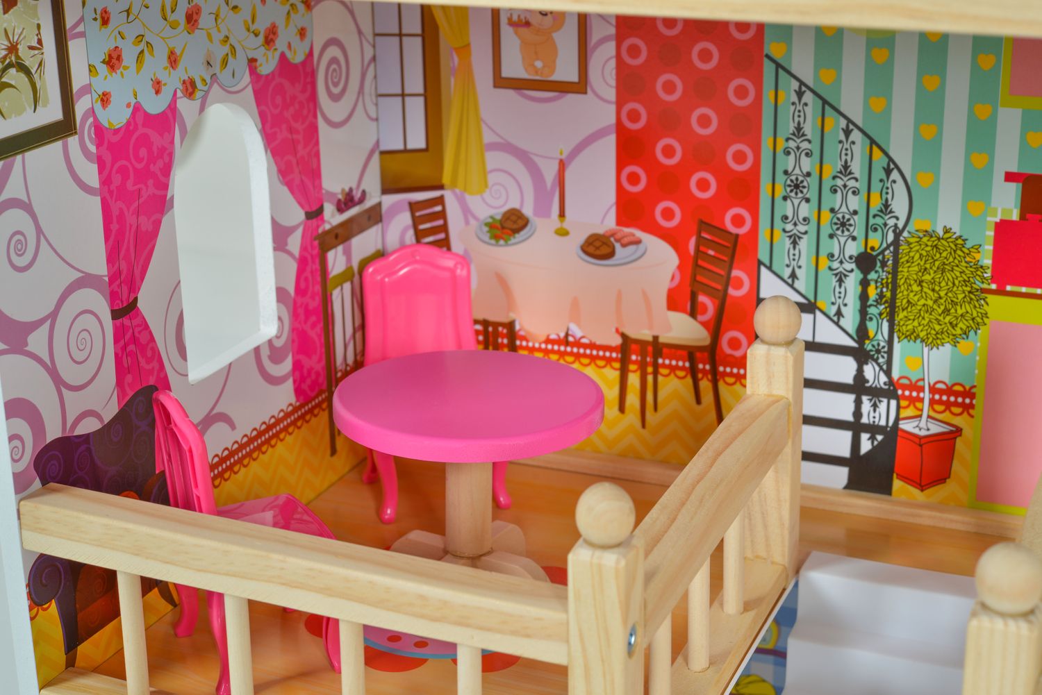 Moni Holz-Puppenhaus 8209 Emily 17-teilig, 3 Etagen, 5 Zimmer, Terrasse, Möbel gelb