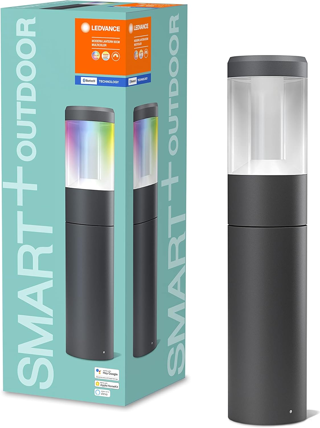LEDVANCE Smarte LED Gartenpylone mit Bluetooth Mesh Technologie, 50cm Höhe, Lichtfarbe änderbar (2000-6500K), RGB-Farben änderbar , SMART+ MODERN LANTERN Bollard