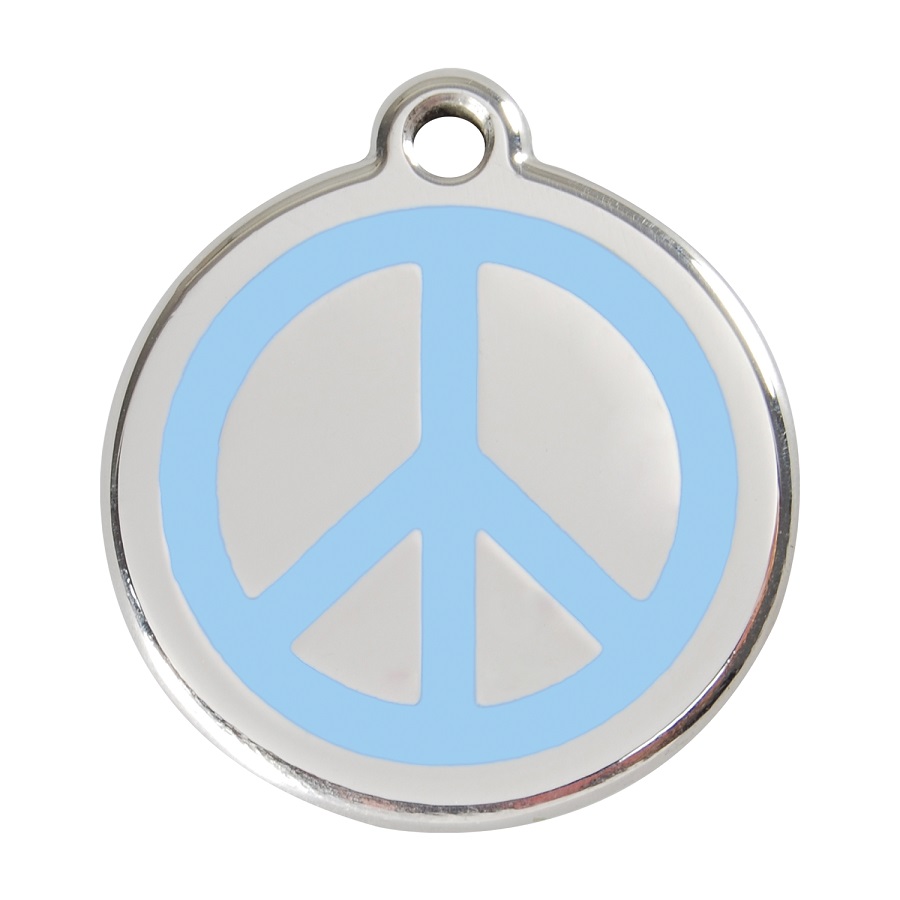 Placa de identificação para cães em aço inoxidável com esmalte azul claro, simbolizando a paz.