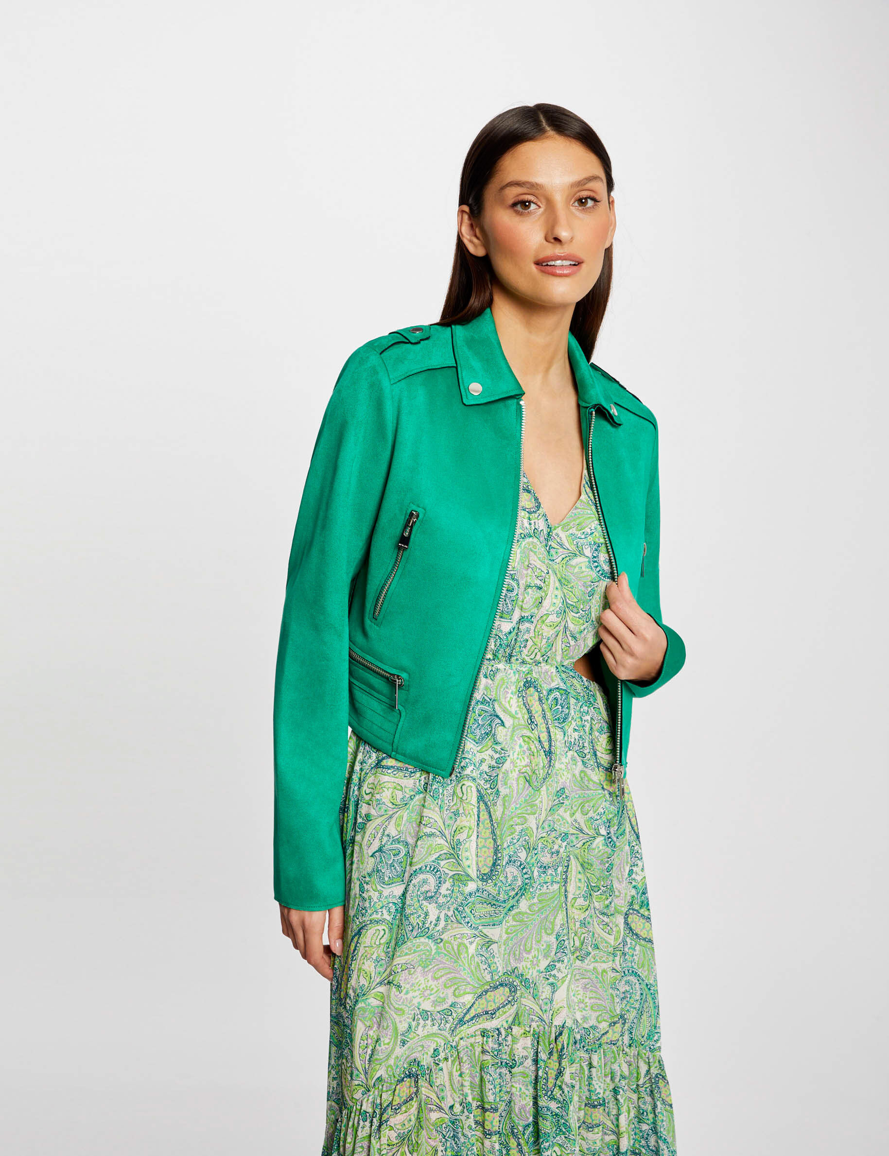 Blouson droit aspect suédine vert clair femme - vert_clair