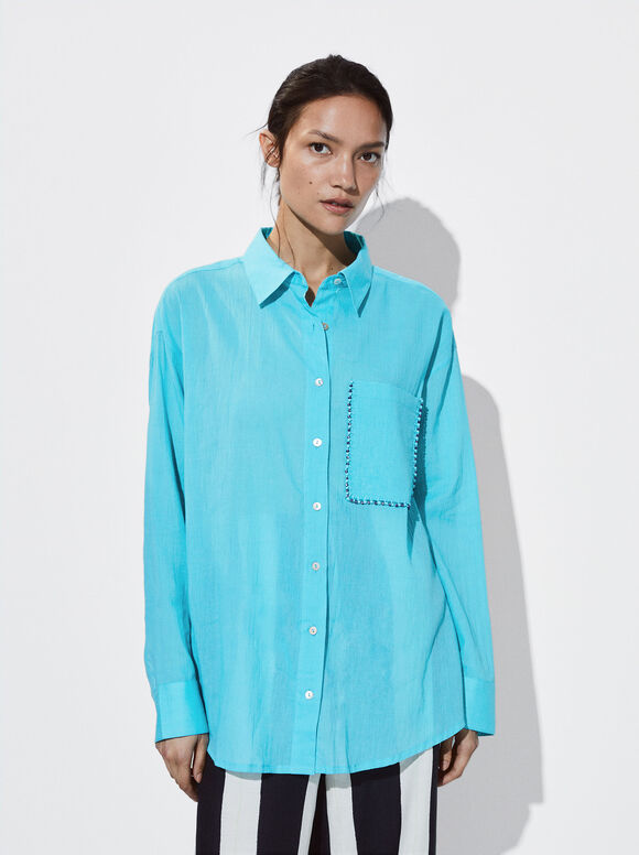 Camisa de algodão com bolso bordado com miçangas - Azul