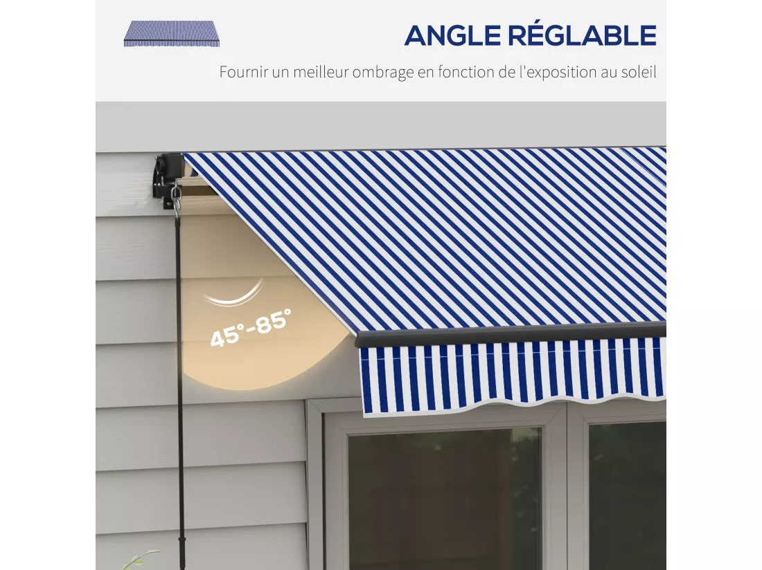 Store banne manuel rétractable inclinaison réglable manivelle alu polyester anti-UV bleu blanc