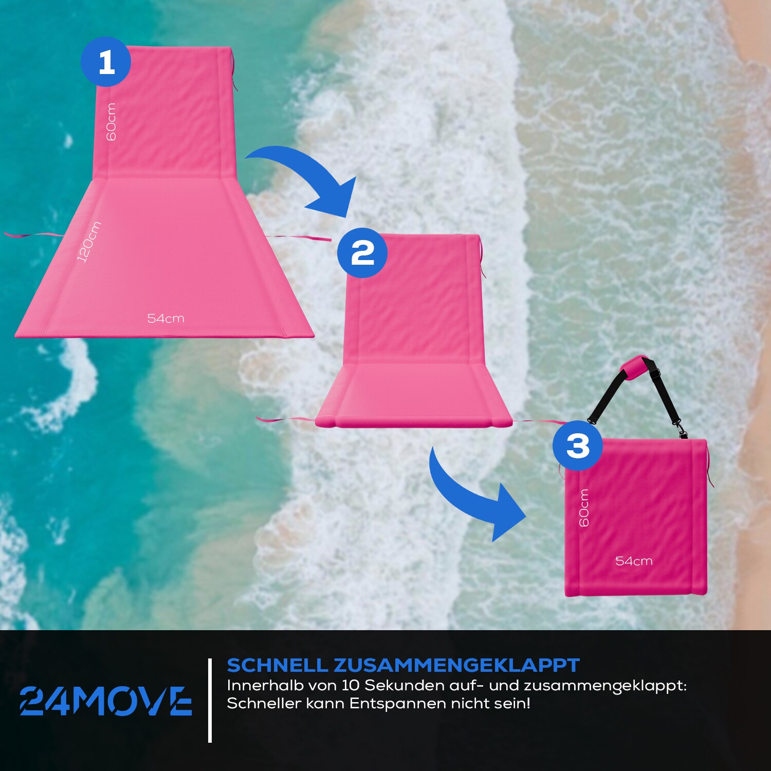 24MOVE® Strandmatte 2er Set klappbar mit Rückenlehne, Strandliege mit Gurt, tragbar für Strand und Garten, Liegematte rosa