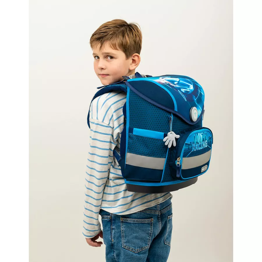 Belmil Schulranzen Compact Schulranzen Set 5-teilig mit Brustgurt Racing Blue Neon