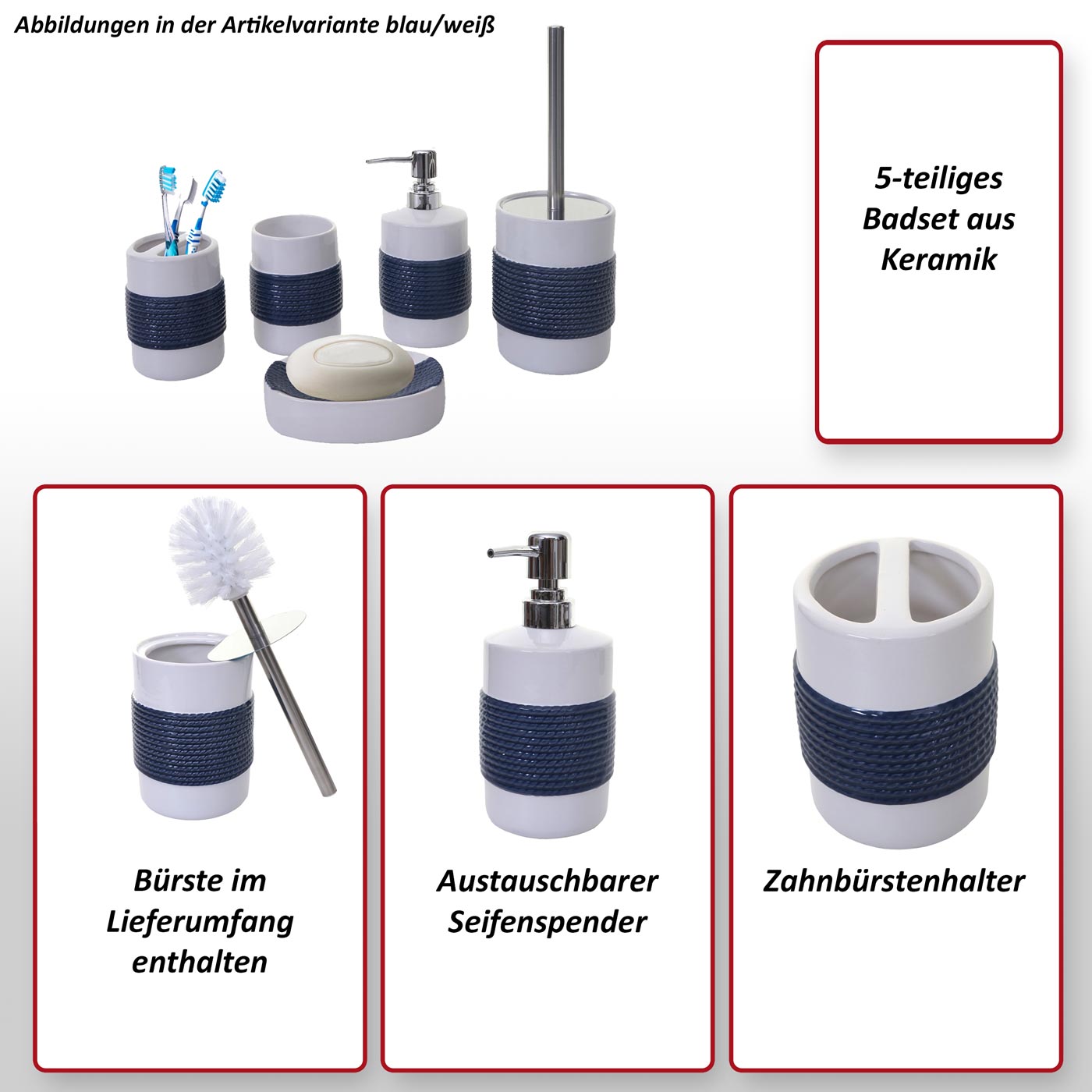 5-teiliges Badset MCW-C73, WC-Garnitur Badezimmerset Badaccessoires, Keramik ~ blau/weiß
