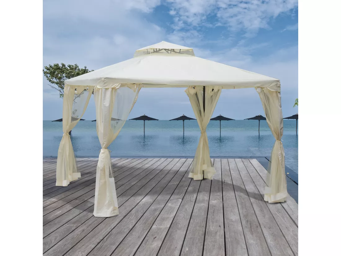 Pavillon de jardin tonnelle barnum style colonial double toit toiles moustiquaires amovibles zippées crème