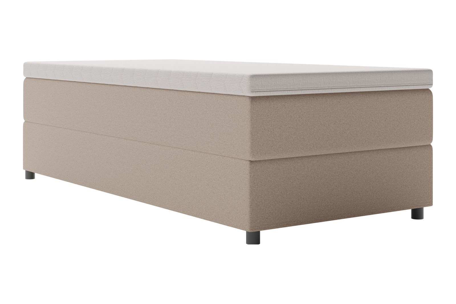 Premium 10 oppbevaringsseng 90x200 cm Magasinseng med oppbevaring, åpnes fra siden. I tekstil storm 06 mørk beige, med medium fasthetsgrad og premium 10 overmadrass, Sorte ben.