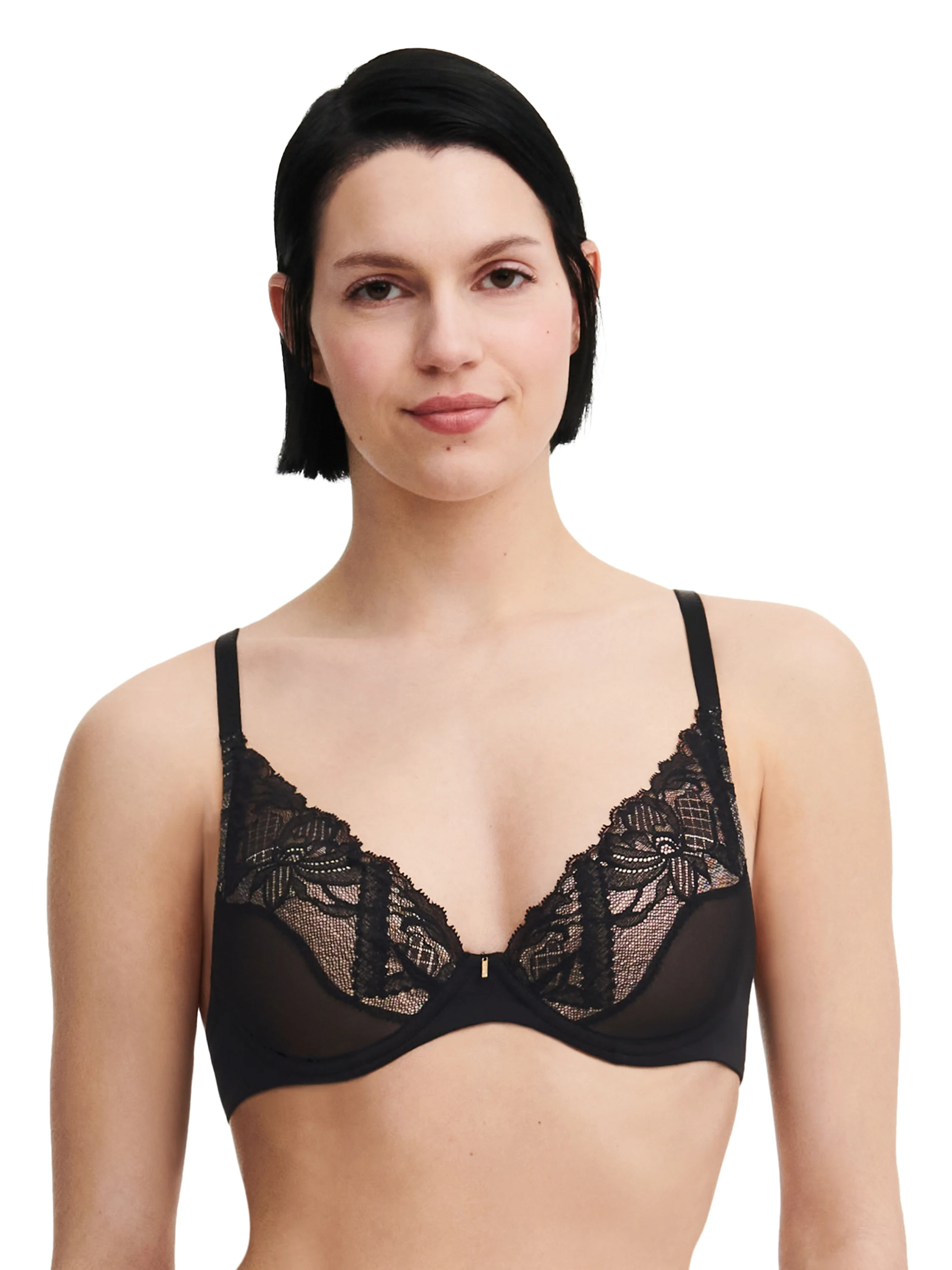 ORANGERIE DREAM - Soutien-gorge coques plongeant avec dentelle de leavers | Noir